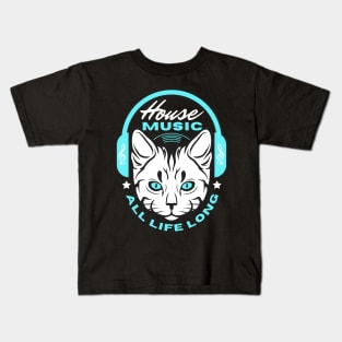 HOUSE MUSIC  - Headphone Cat (Blue) Kids T-Shirt